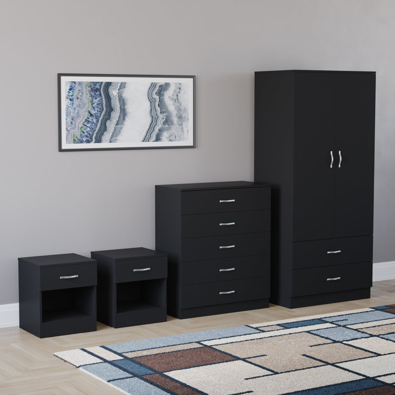 Tayce 4 Piece Bedroom Set (1 Drawer Bedside Chest X2, 5 Drawer Chest, 2 Door 2 Drawer Wardrobe), White