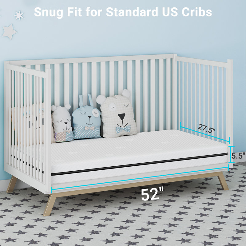 Matelas 5,5 po pour lit de bébé et tout-petit 5,5 po, mousse viscoélastique respirante et hypoallergénique, lavable à la machine, 52 po x 27,5 po x 5,5 po