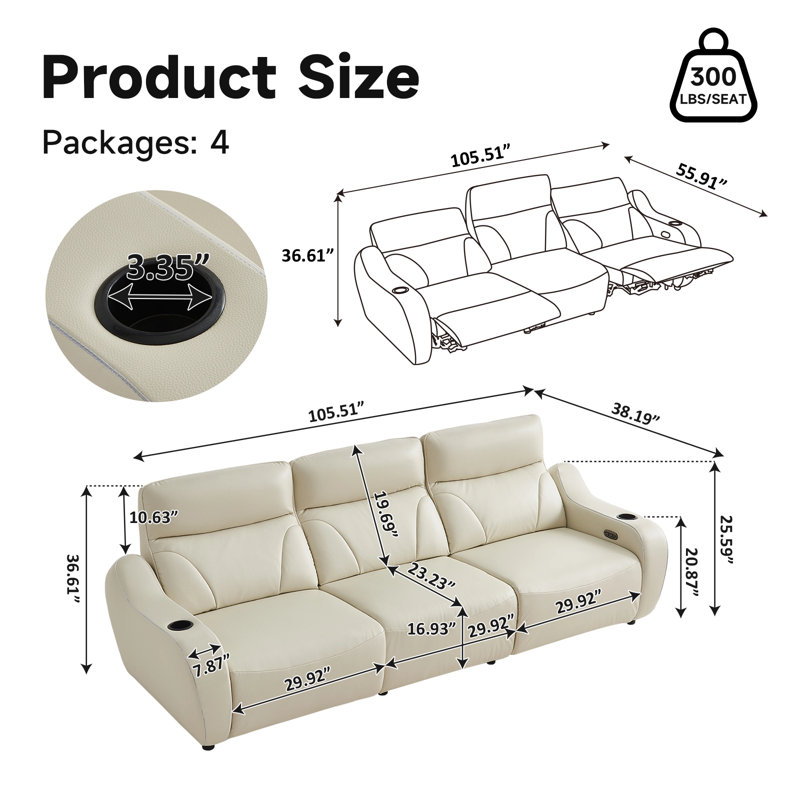 Canapé d'angle inclinable électrique en cuir véritable de 268 cm (105,51 po), position zéro gravité, ports de chargement USB et éclairage d'ambiance dans les accoudoirs, beige