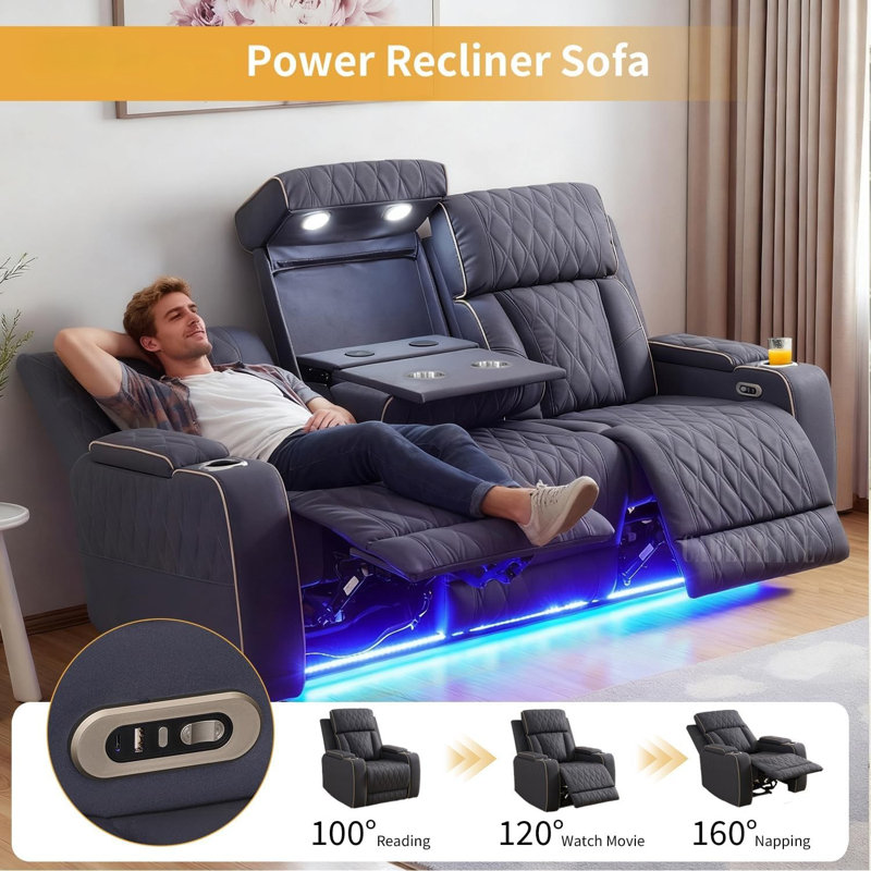Canapé inclinable électrique en cuir respirant à deux moteurs Ethas-W de 83 po avec accoudoirs de rangement, table de chargement sans fil pliable et lumières DEL bleues