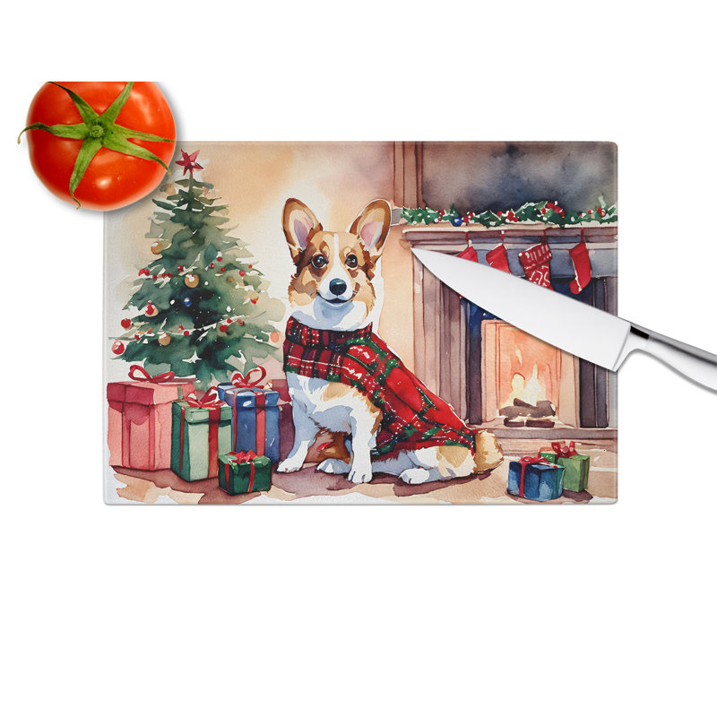 Corgi Cozy Christmas Glass Cutting Board Large