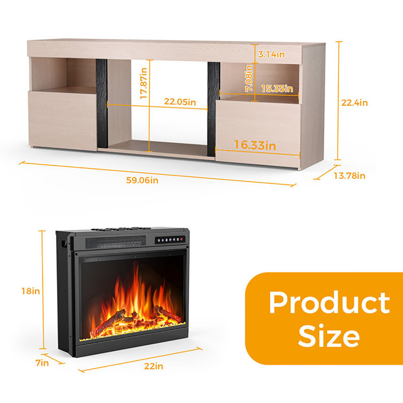 60 Inch Electric Fireplace TV Stand with Remote Control, 4 Flame Colours, 12 Crystal Colours with Auto-Glow, 3D Adjustable Flame, Sleep Timer, and Safety Protection Features.