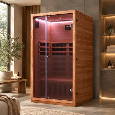 Hongyuan 1-2 Person 75‘ H Indoor Infrared Sauna 1510W /110V , 7-Color Light Therapy, 6MM FROSTED TEMPERED GLASS, Canadian Hemlock & Okoume Wood Sauna ,Relaxation, Recovery & Better Well-Being