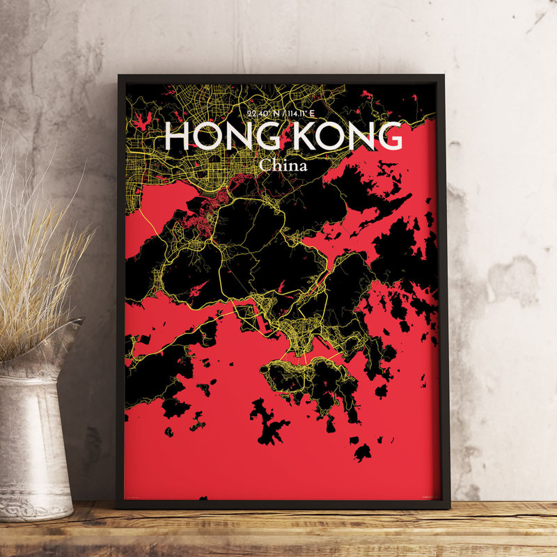 Hong Kong City Map - Unframed Graphic Art Print on Paper, 43.2cm H x 27.9cm W x 0.13cm D, Yellow/Black