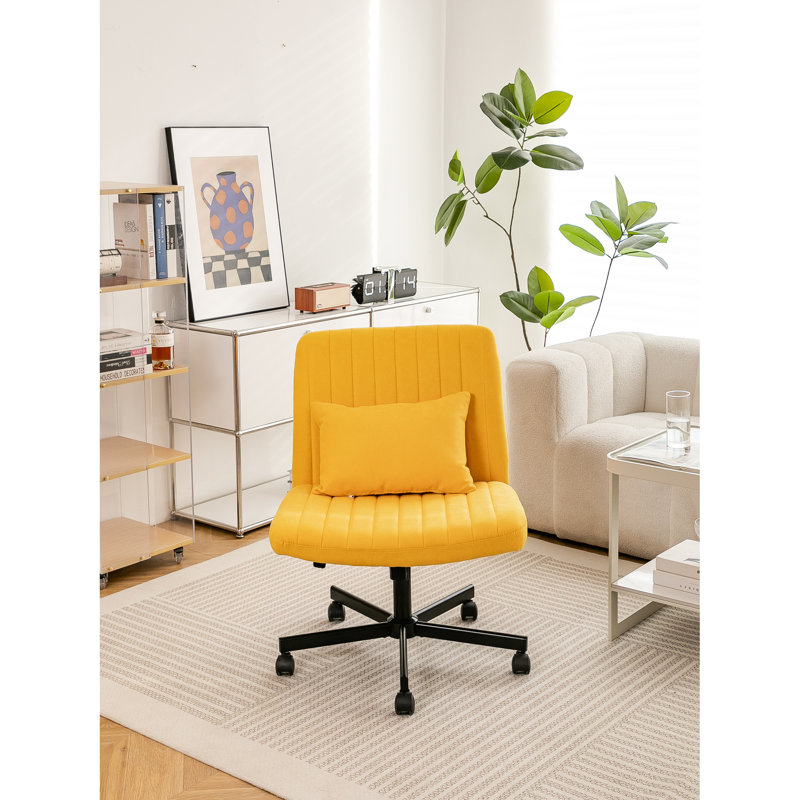 Fauteuil de bureau en lin jaune avec style croisé et roulettes, idéal pour le bureau à domicile, le maquillage, offrant un coussin confortable avec des roues réglables - Mécanisme d'inclinaison pivotant à 360 degrés