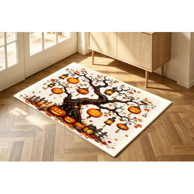Tapis d'intérieur sur le thème de l'Halloween, motif effrayant de sapin citrouille, design artistique, surface en velours, antidérapant, décoration festive pour salon, chambre, appartement