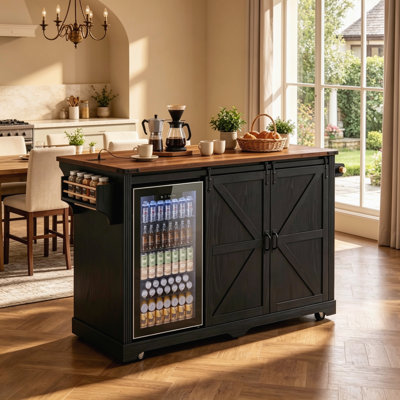 72'' Farmhouse Rolling Kitchen Island With Drop‑Leaf Countertop, Sliding Barn Door, Built‑In Power Outlet, 4 Drawers And Glass Holder, Black Mobile Coffee Bar Cabinet With Fridge Storage Space