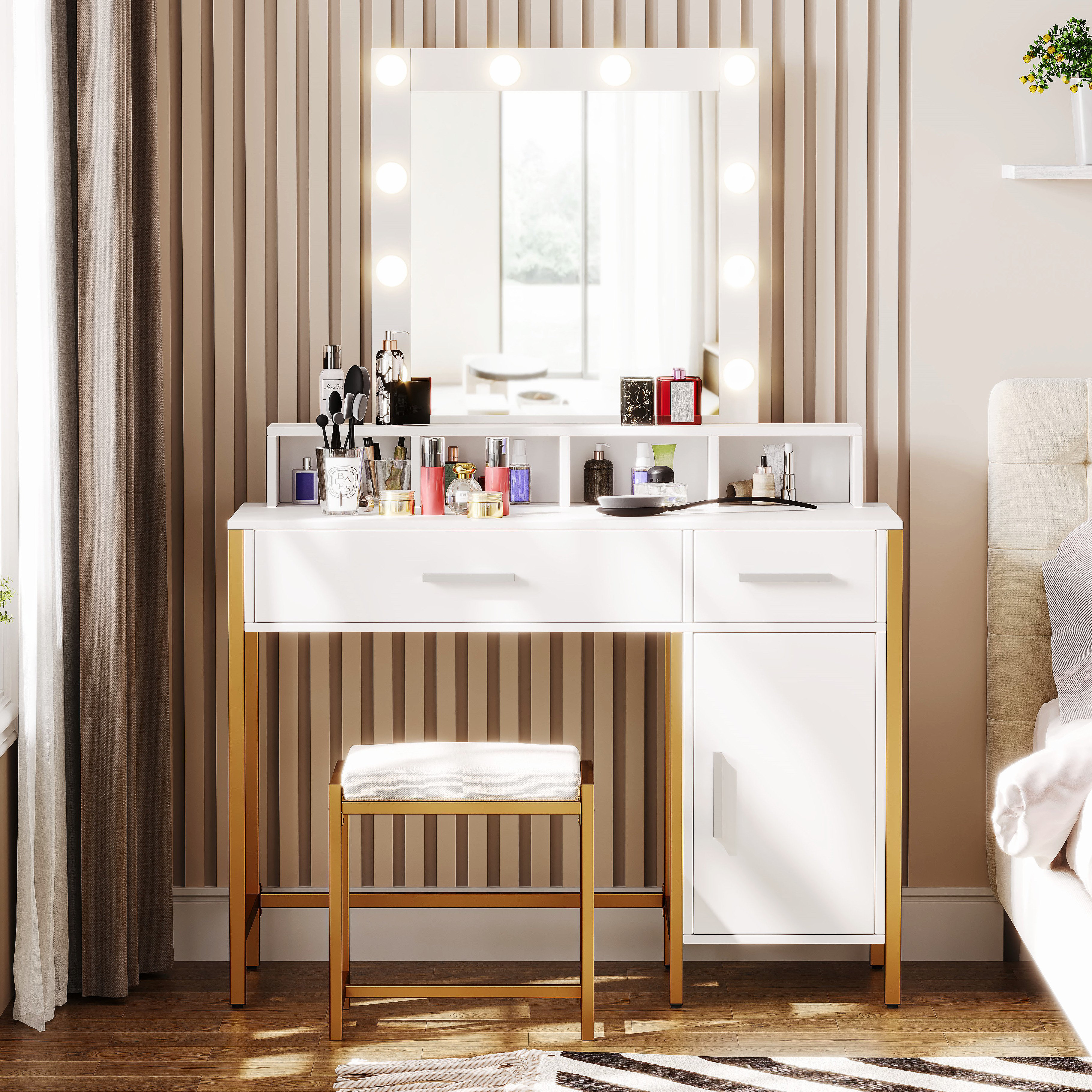 Everly Quinn Vanity Table Set with Storage Cabinet and Drawers, Cushioned  Stool, Adjustable Brightness