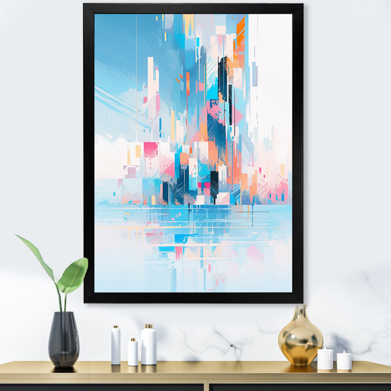 «Teal Peach Interlocking Perspectives» sur toile, H 32 po x l 16 po x P 1 po, Cadre simple noir