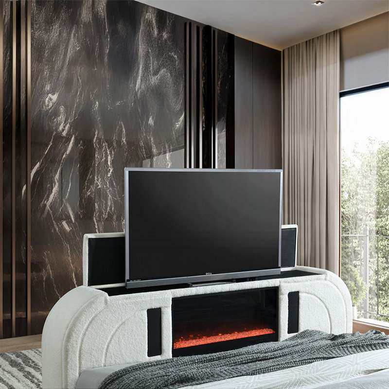 Grand lit Shelyn avec DEL, meuble télé, foyer et Bluetooth, Blanc