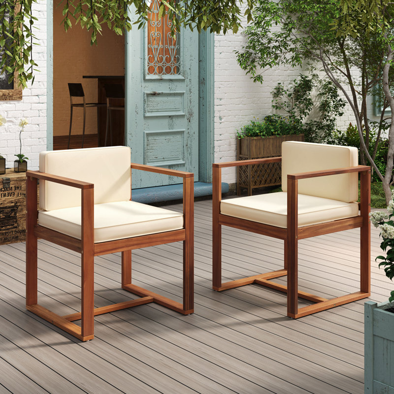 Acacia Wood Outdoor Chairs, Beige Cushion/Brown Frame