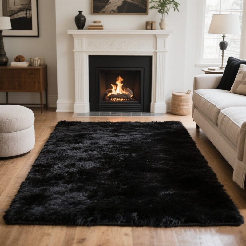 Soft Black Shag Area Rug, Rectangle 4' x 6', Black