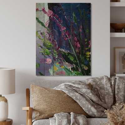 Fleurs abstraites mauves et vertes II - peinture sur bois sans cadre