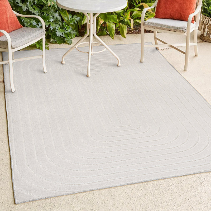 Amzi High-Low Modern Scandinavian Arch Stripe Monotone Ivory Indoor/Outdoor Rug, Rectangle 5'3" x 7'7"