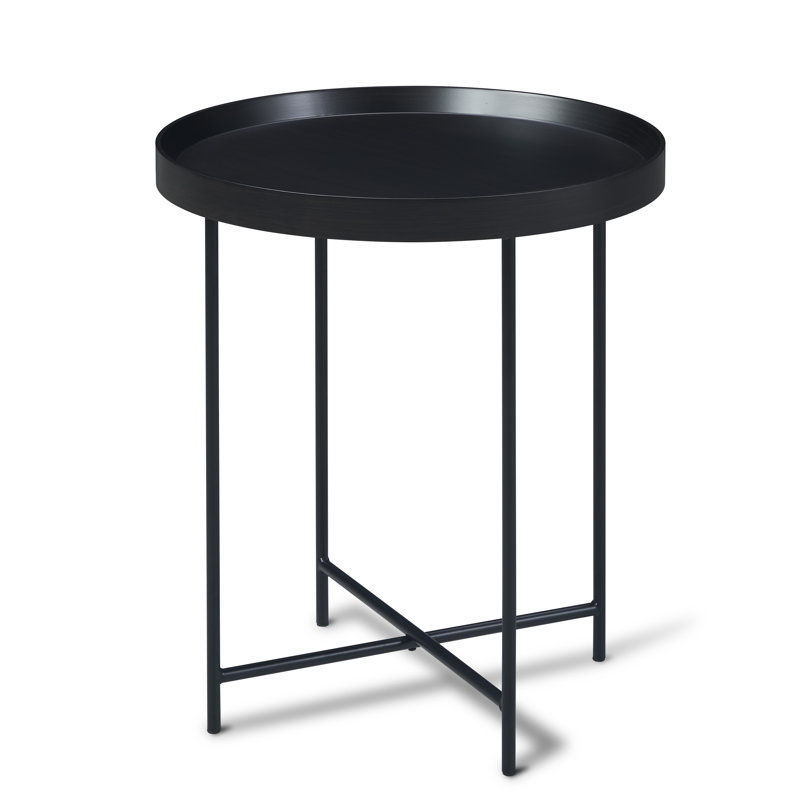 Black Round Side Table with Lacquered Wood Top and Iron Base 50cm