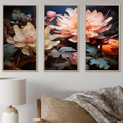 Pink And Beige Surreal Flora Botanical Splendor - Plants Canvas Wall Art Set