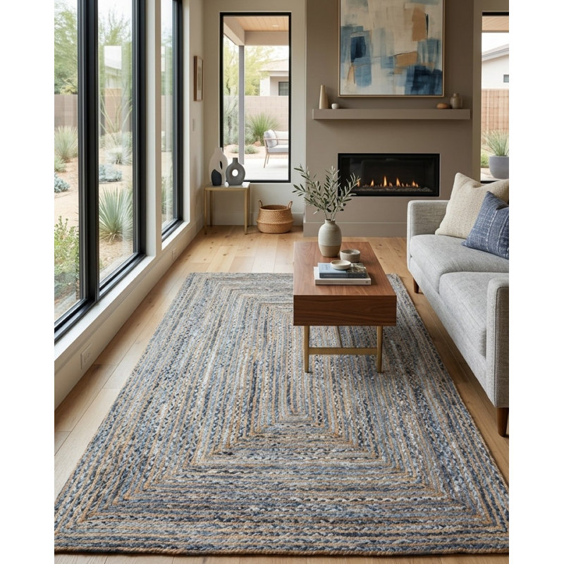 Hand Braided Cotton & Jute Contemporary Blue Rectangle Indoor Area Rugs, Rectangle 5' x 8'