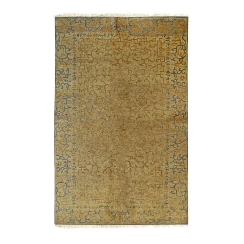 Tapis doré en laine noué à la main Iyla, Tapis de couloir 6 pi 6 po x 16 pi