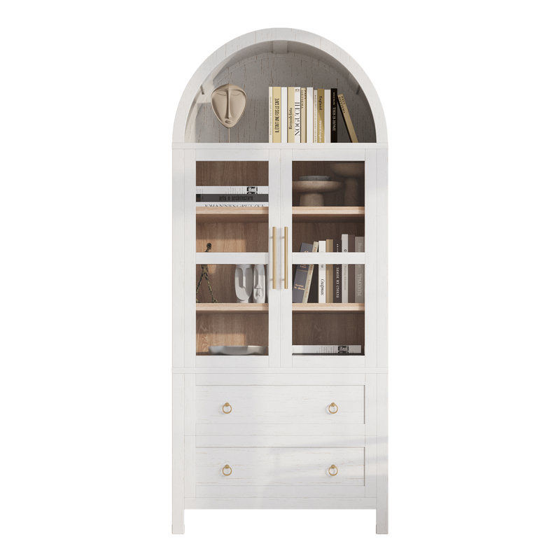 Grand garde-manger arqué de 71 po avec portes en verre, armoire de rangement style campagne moderne avec 2 grands tiroirs et tablettes réglables, blanc / noir