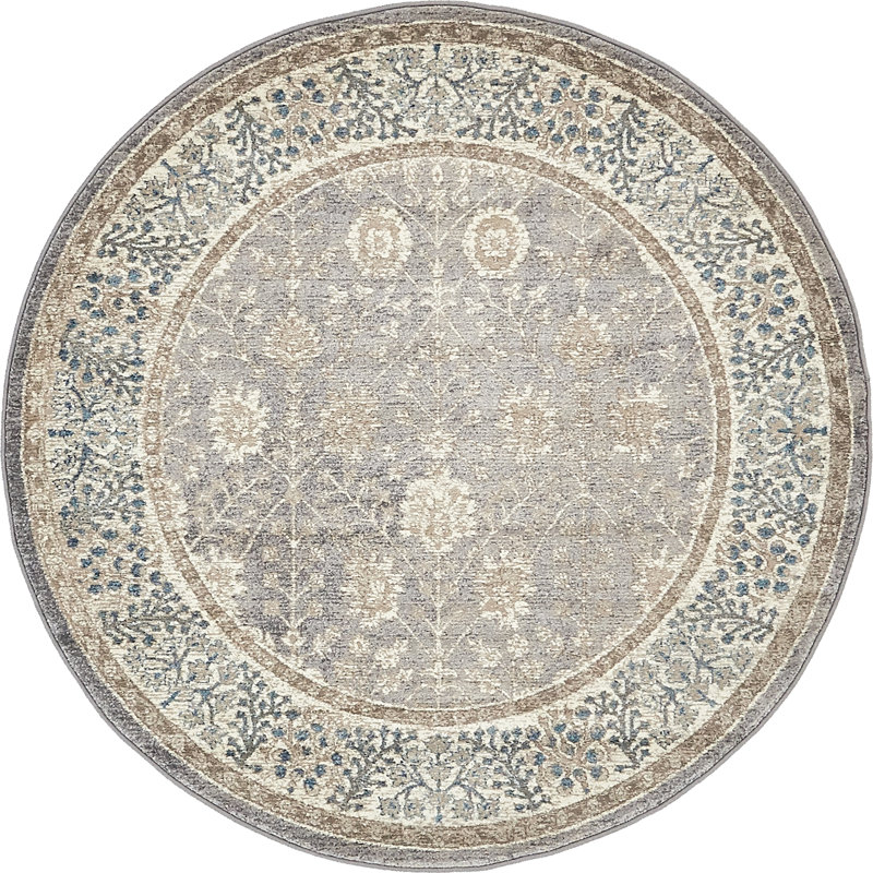 Tapis gris à motif floral Moua, Rond 5 pi