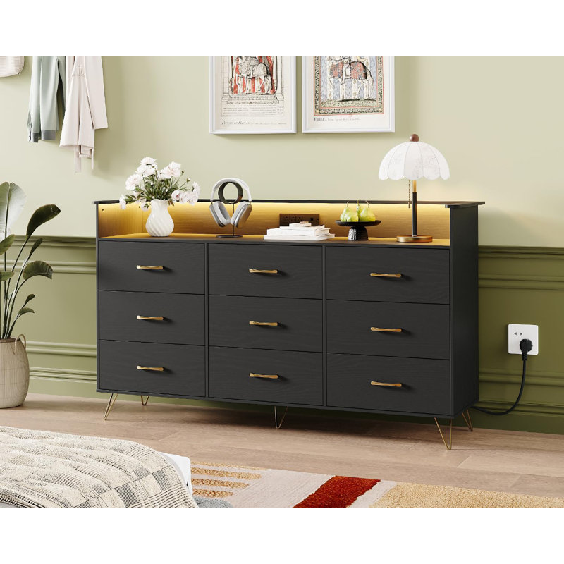 Commode 9 tiroirs avec lumières à DEL RVB et station de charge, coffre de rangement en bois, Noir