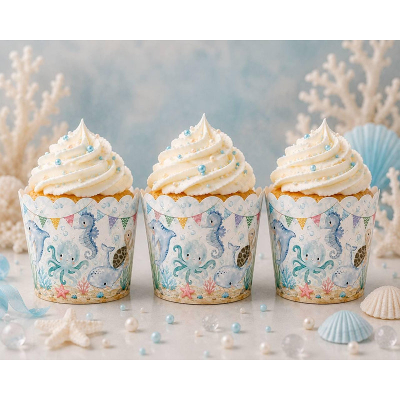 Under the Sea Cupcake Wrappers, Ocean Birthday Decorations, Sea Animal Cupcake Wraps, Baby Shower Decor, Set of 10