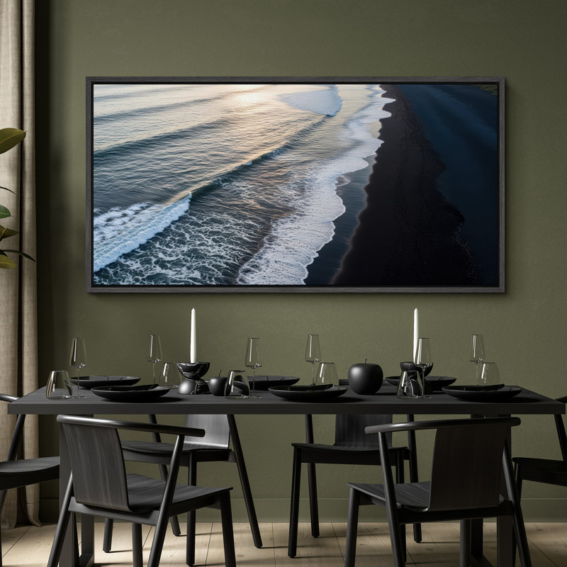 "Ocean Waves at Sunset", art mural sur toile - Photographie côtière sereine pour maison de plage ou espaces relaxants, Noir