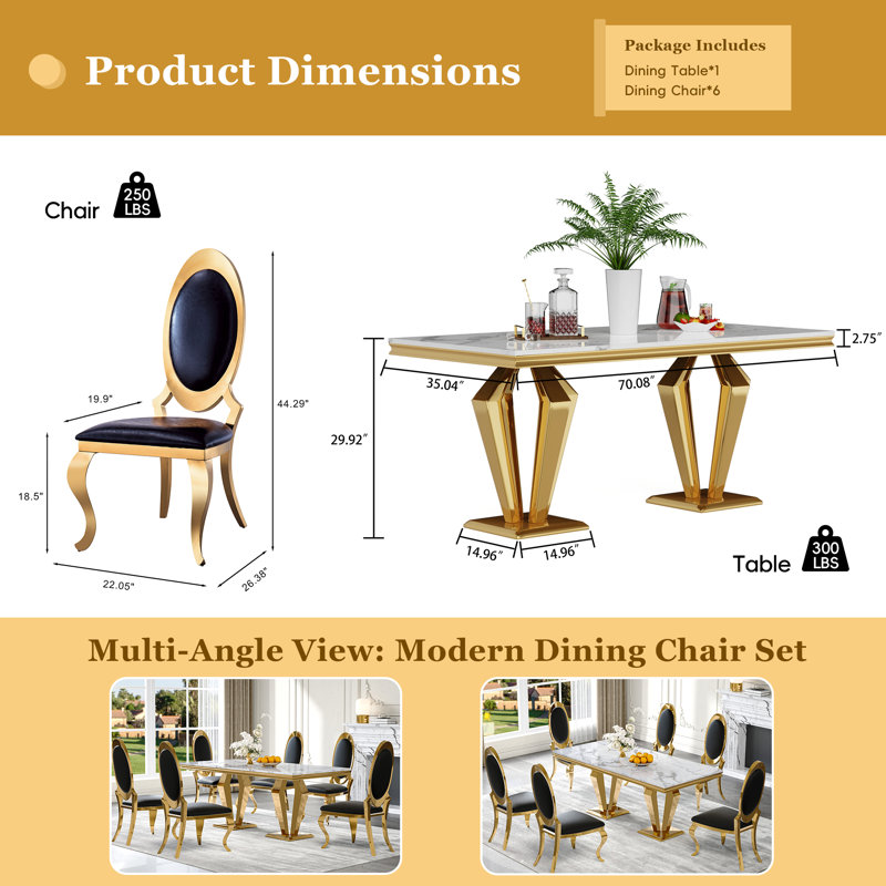 7-Piece Dining Table Set, Marble Veneer Mdf Dining Table, With 6 Faux Leather Dining Chairs, White/Gold/Black