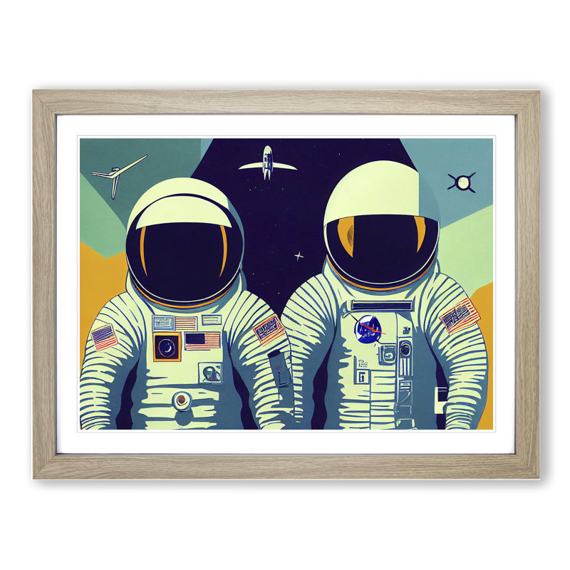 Two Retro Astronauts Vol.1 - Single Picture Frame Print, 34cm H x 46cm W x 2cm D, Oak