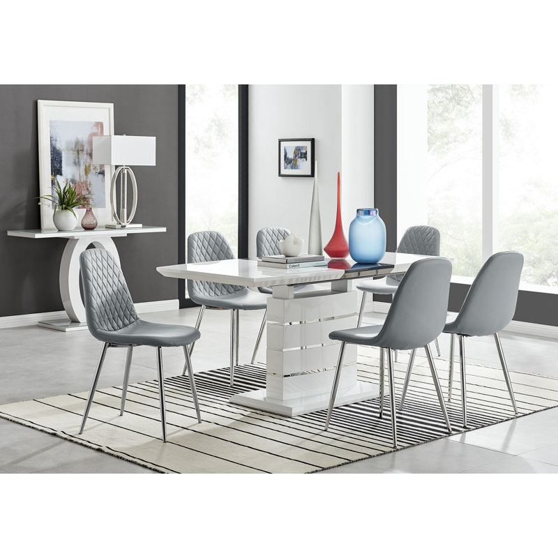 Renne Modern High Gloss Extendable Dining Table Set With 6 Luxury Faux Leather Dining Chairs, Grey/Silver