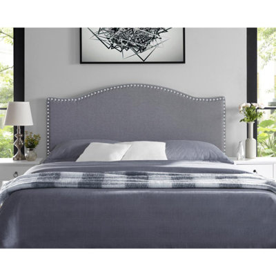 Nailhead Trim Adjustable Upholstered Headboard in Linen Fabric, Metal Legs