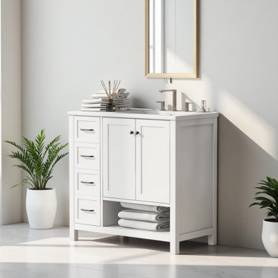 Meuble-lavabo de 36 po avec comptoir d'évier, meuble-lavabo avec deux portes et deux tiroirs, bois massif, tablette ouverte, panneaux de fibres à densité moyenne, deux ensembles