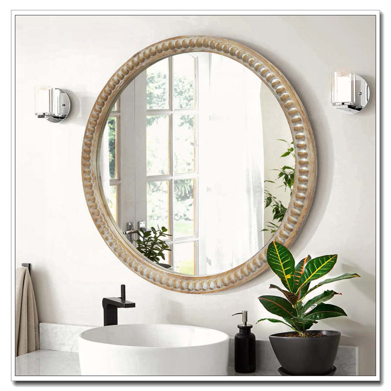 Miroir mural rond rond, miroir à cadre perlé en bois vieilli de 23,62 po pour hall d'entrée, salon, salle de bain, miroir décoratif de style maison de campagne