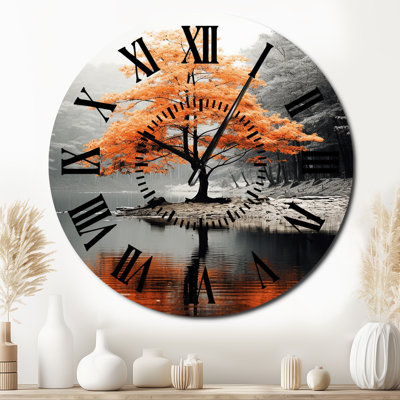 Orange And Grey Forest Autumn Elegance II - Floral Black Face Wall Clock