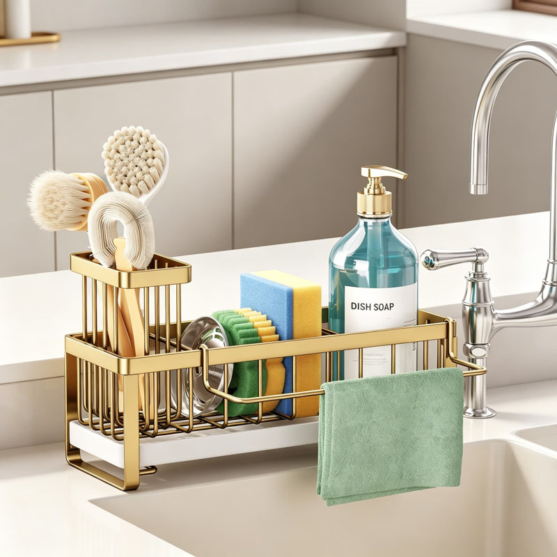 Porte-éponge pour évier de cuisine, porte-éponge autodrainant avec porte-brosse et séparateur, organisateur d'évier de cuisine en acier inoxydable pour comptoir, or foncé