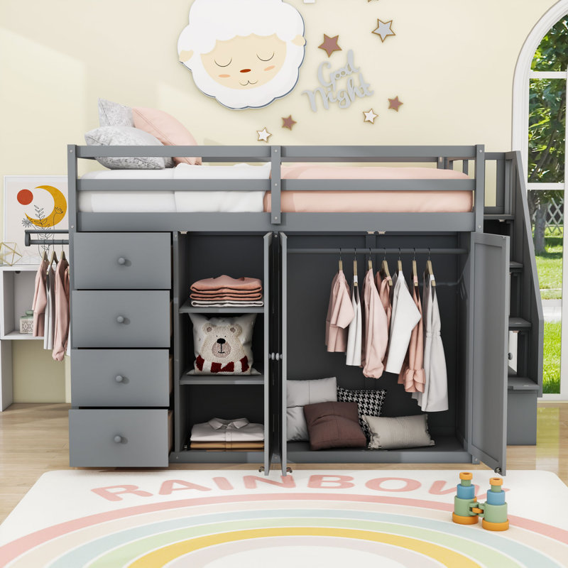 4 Drawers Full Wood Loft Bed With Wardrobe, Cabinets And Storage Staircase, Grey