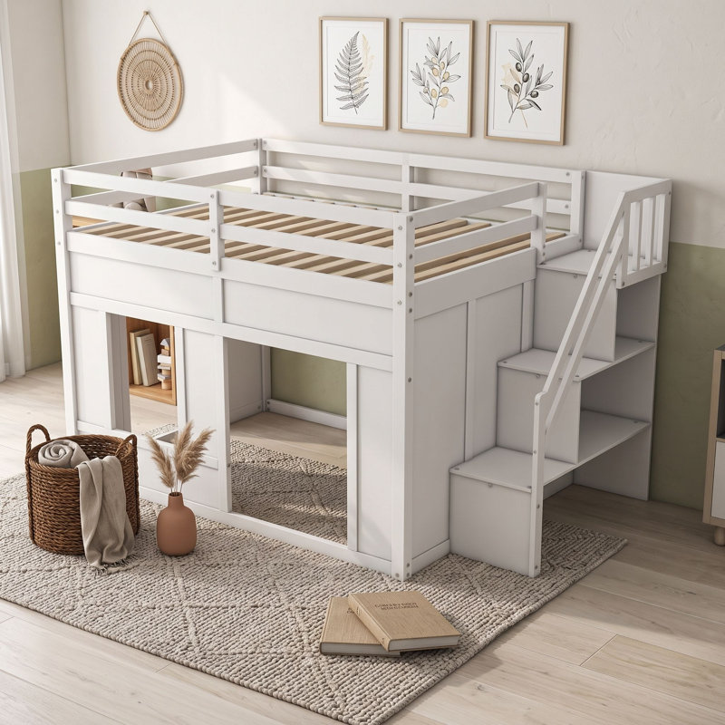 Lit superposé en bois avec lumières DEL, escaliers et tablettes, Double sur double, Blanc