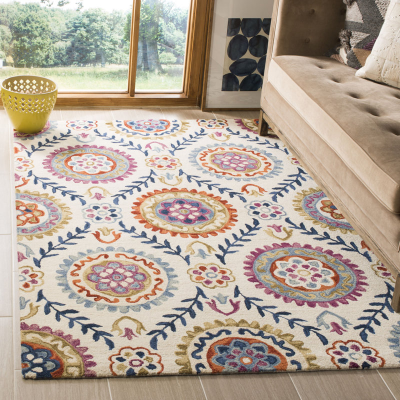 Tapis en laine et coton crocheté à la main Suzani, Rectangle 8 pi x 10 pi