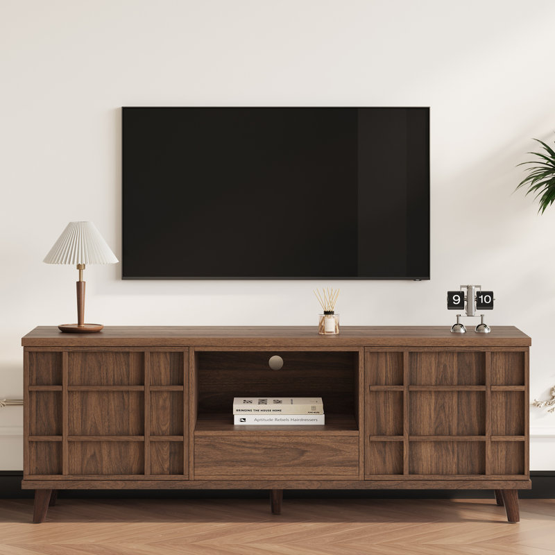 59" TV Stand with Solid Wood Legs Entertainment Center with Storage Cabinets & Drawer, Media Console for Living Room Mid-Century TV Stand