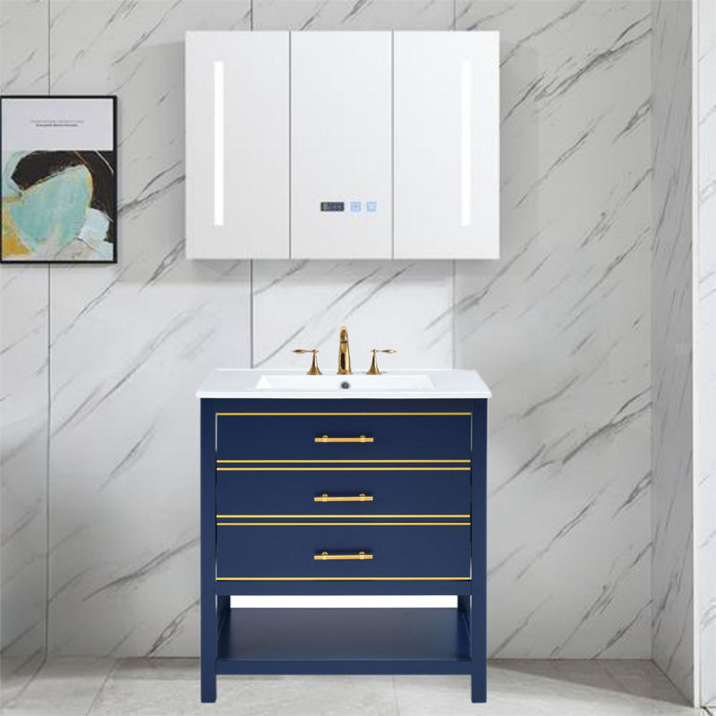 Meuble-lavabo moderne 30 po avec comptoir en céramique , Bleu