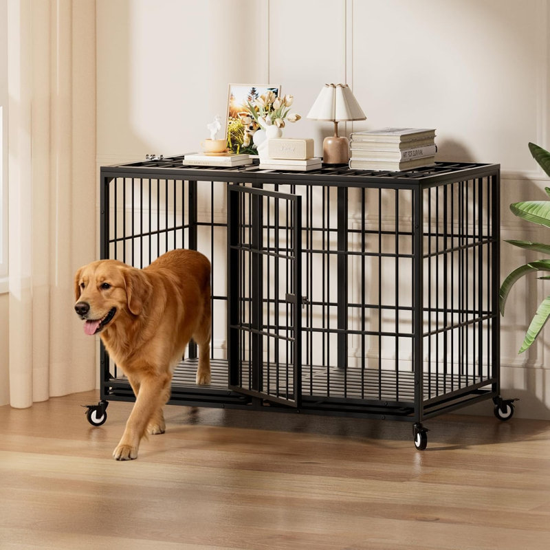 Cage pour chien robuste de 54 pouces avec roulettes, cage en métal pour chien de grande et moyenne taille, cage pour chien très grand indestructible avec plateau amovible.