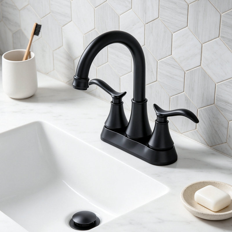 Robinet pour salle de bain à 2 poignées et centre à 2 poignées avec bec à grand arc, bonde escamotable et conduites d'alimentation