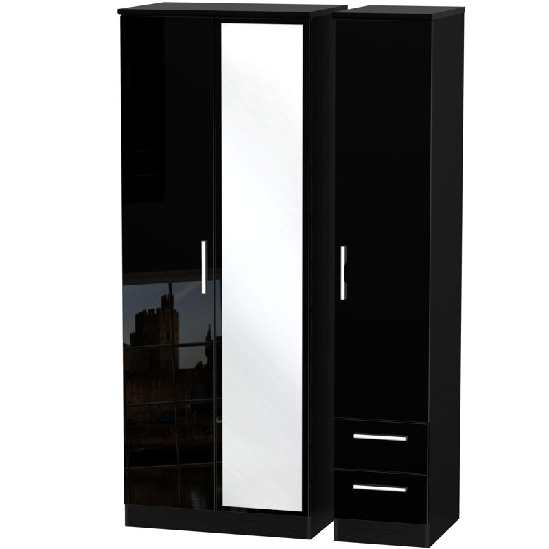 Yvette 3 Door Manufactured Wood Wardrobe, Black, 197 cm H x 111 cm W x 53 cm D