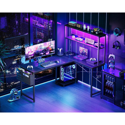 L Shaped Desk Gaming Desk With Led Light & Power Outlet, 53 Inch Reversible L Shaped Computer Table With Shelf & Storage Bag