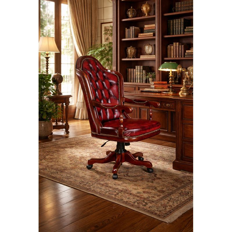 Fauteuil de direction pivotant capitonné en cuir avec base en bois massif
