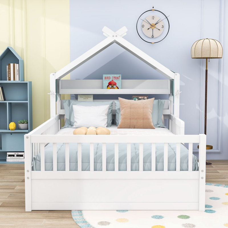 Wooden House Bed with Safety Guardrail, Full, White