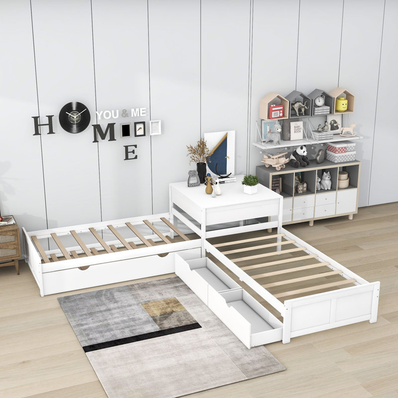 Twin Size 2 Drawers Wooden L-shaped Platform Beds with Trundle and Built-in Table, White