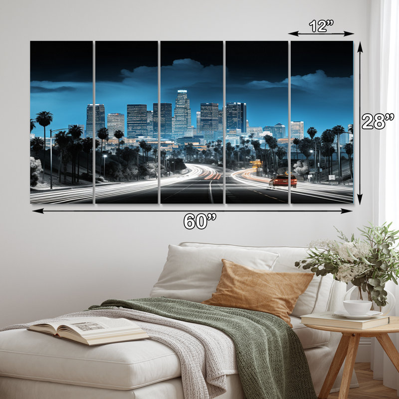 Magnifique paysage urbain noir et bleu de Los Angeles - 5 pièces sur toile tendue