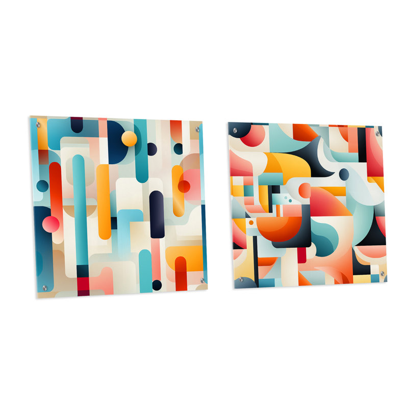 Dahlilah - Ensemble de 2 peintures murales abstraites géométriques en acrylique, H 16 po x l 33 po