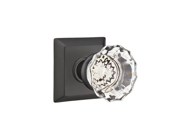Emtek Privacy Interior Mortise Set w/ Quincy Rosette & Astoria Glass Knob (RH), Flat Black